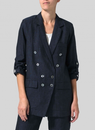 Linen Double-Breasted Roll Sleeve Jacket