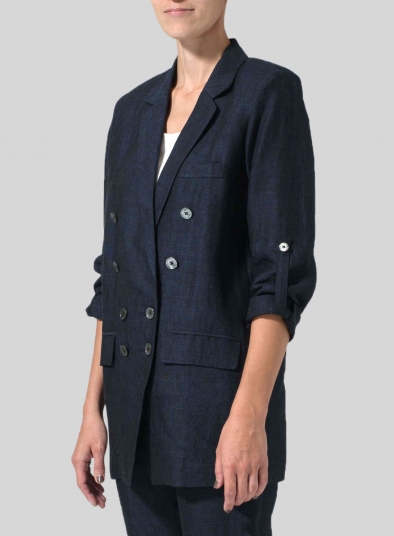 Linen Double-Breasted Roll Sleeve Jacket