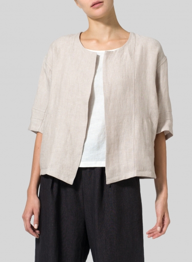 Twill Weave Linen Open Front Jacket