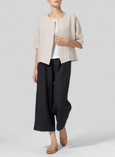 Twill Weave Linen Open Front Jacket