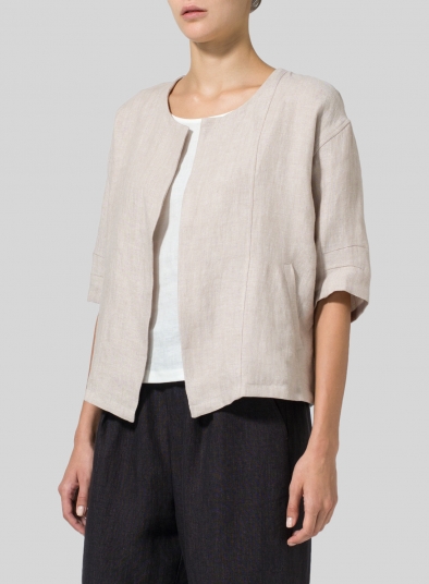 Twill Weave Linen Open Front Jacket