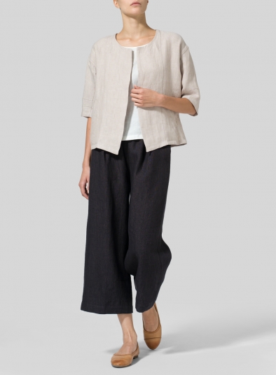 Twill Weave Linen Open Front Jacket