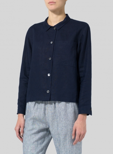 Linen Cropped Shirt Jacket with Pockets