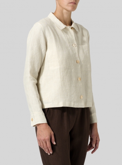 Linen Cropped Shirt Jacket with Pockets