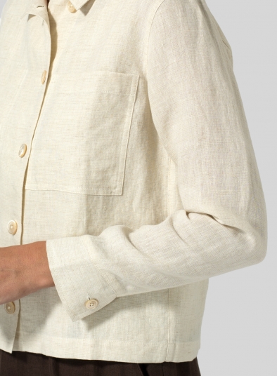 Linen Cropped Shirt Jacket with Pockets