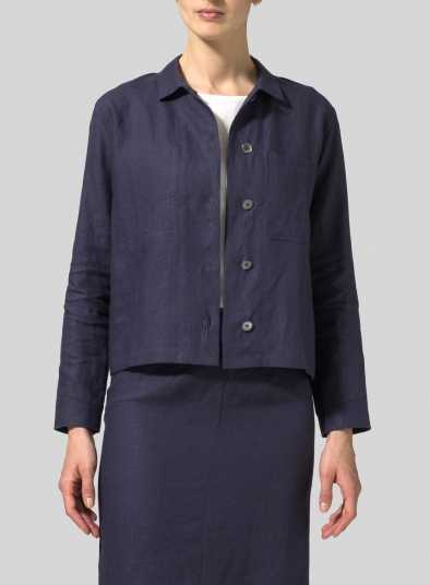 Linen Cropped Shirt Jacket with Pockets