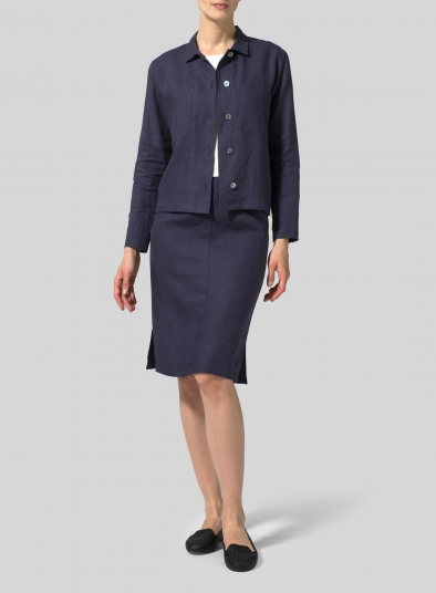 Linen Cropped Shirt Jacket with Pockets