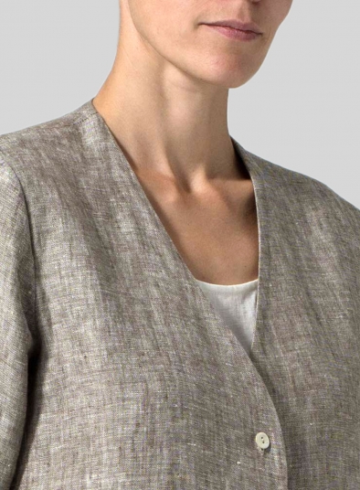 Linen Straight Fit V-Neck Long Jacket