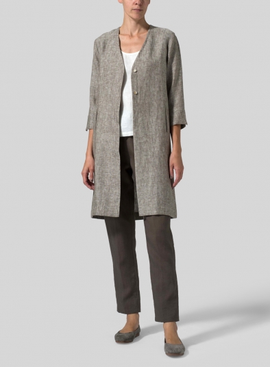 Linen Straight Fit V-Neck Long Jacket