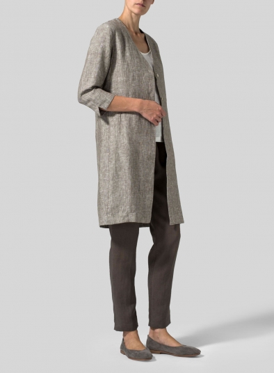 Linen Straight Fit V-Neck Long Jacket