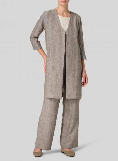 Linen Straight Fit V-Neck Long Jacket