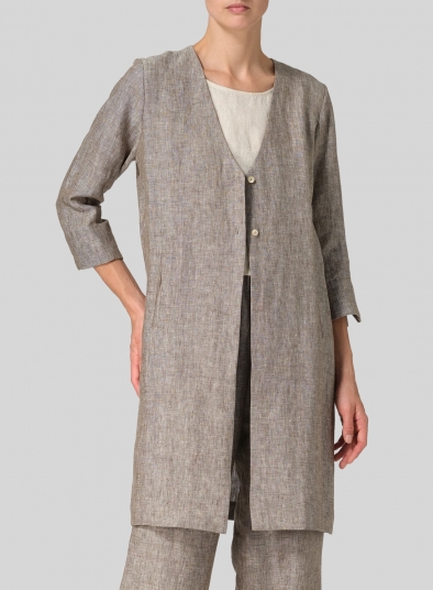 Linen Straight Fit V-Neck Long Jacket