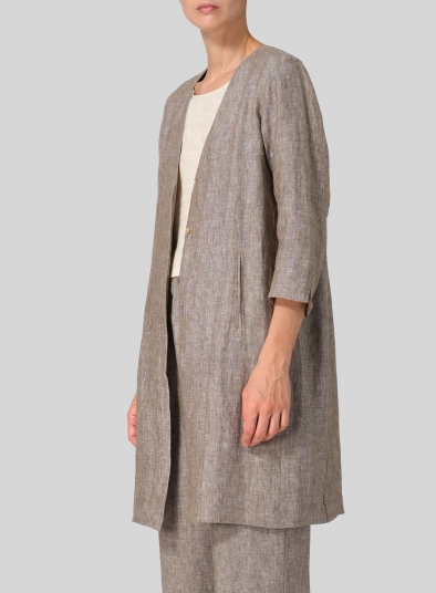 Linen Straight Fit V-Neck Long Jacket