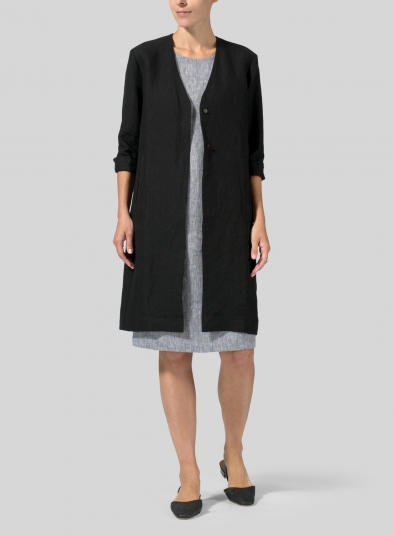 Linen Straight Fit Button-Front Long Jacket