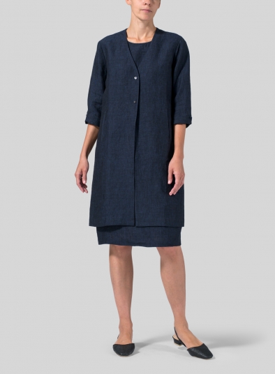 Linen Straight Fit Button-Front Long Jacket