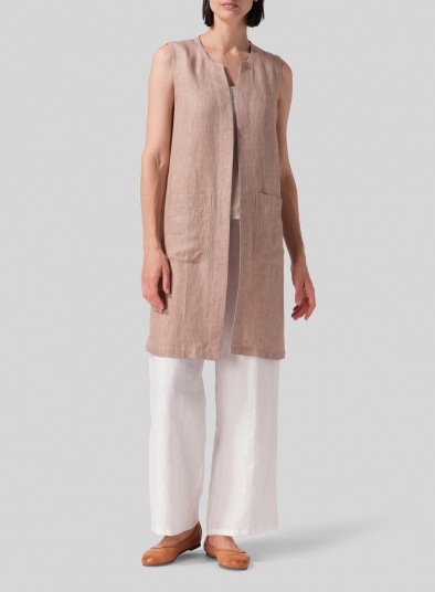 Linen Open Front Straight Long Vest Jacket