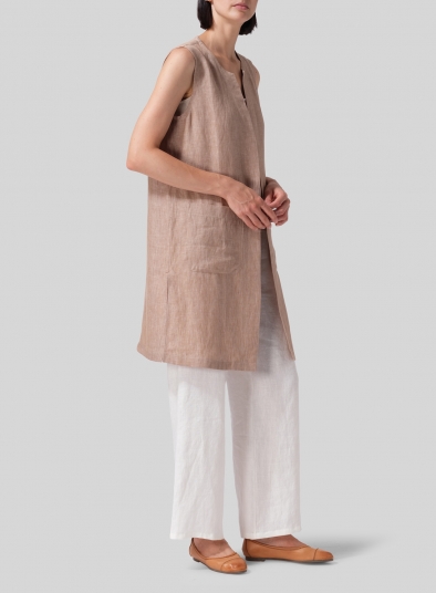 Linen Open Front Straight Long Vest Jacket