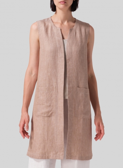 Linen Open Front Straight Long Vest Jacket