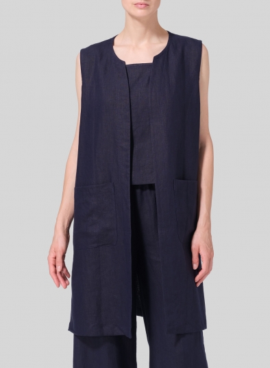 Linen Open Front Straight Long Vest Jacket