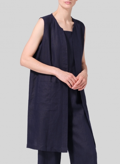 Linen Open Front Straight Long Vest Jacket