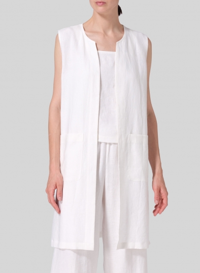 Linen Open Front Straight Long Vest Jacket