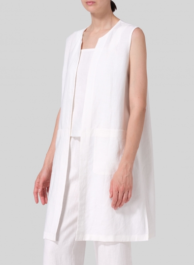 Linen Open Front Straight Long Vest Jacket