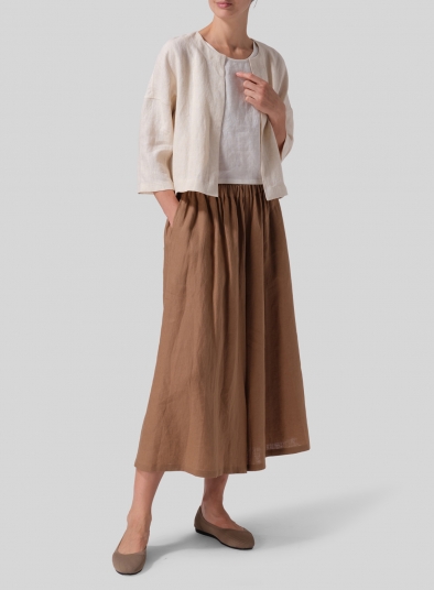 Linen Open Front 3/4-Sleeve Cropped Jacket