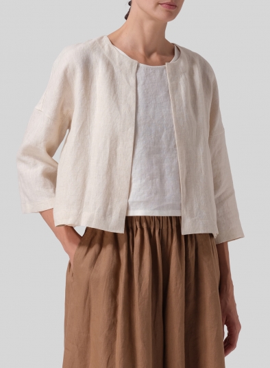 Linen Open Front 3/4-Sleeve Cropped Jacket