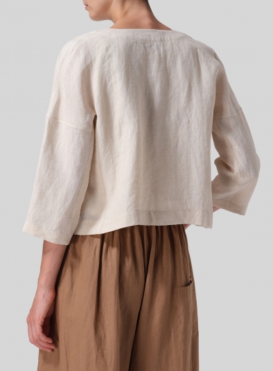 Linen Open Front 3/4-Sleeve Cropped Jacket