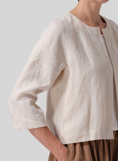 Linen Open Front 3/4-Sleeve Cropped Jacket