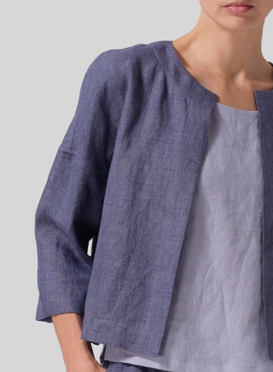 Linen Open Front 3/4-Sleeve Cropped Jacket