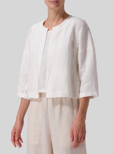 Linen Open Front 3/4-Sleeve Cropped Jacket