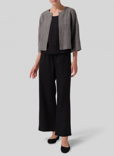 Heavy Linen Open Front 3/4-Sleeve Cropped Jacket