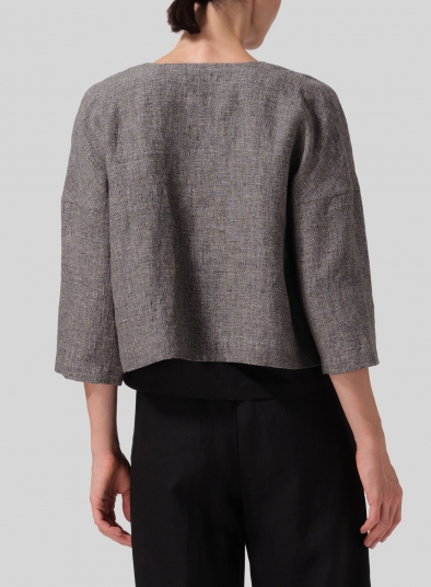 Heavy Linen Open Front 3/4-Sleeve Cropped Jacket