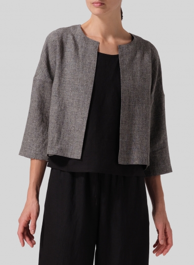 Heavy Linen Open Front 3/4-Sleeve Cropped Jacket