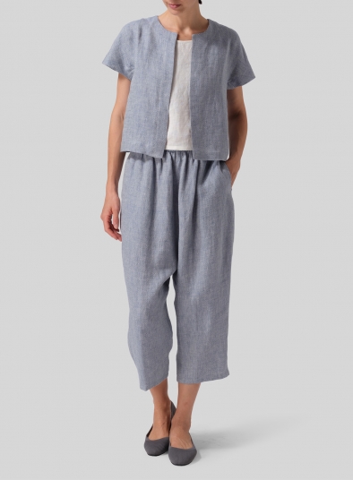 Heavy Linen Open Front Cropped Jacket