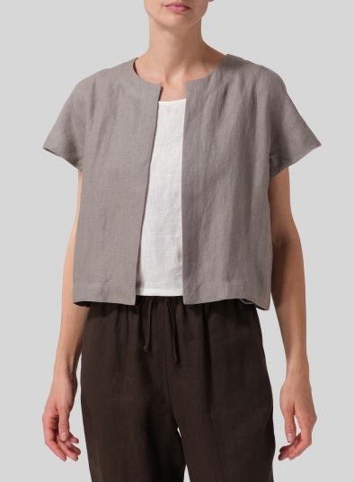 Heavy Linen Open Front Cropped Jacket