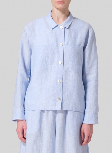 Linen Cropped Shirt Jacket with Pockets