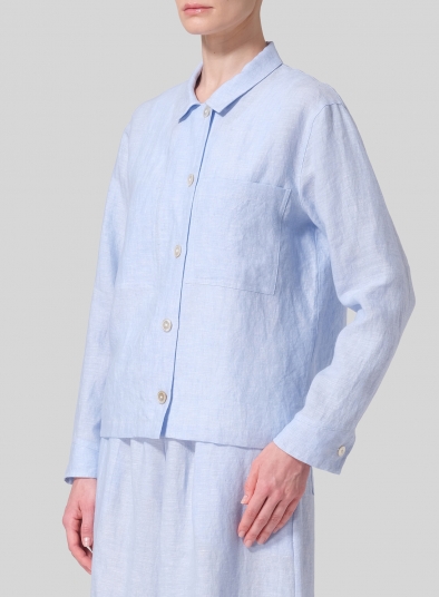 Linen Cropped Shirt Jacket with Pockets