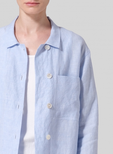 Linen Cropped Shirt Jacket with Pockets