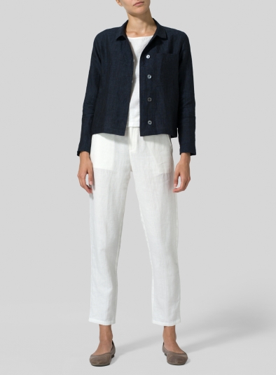 Linen Cropped Shirt Jacket with Pockets