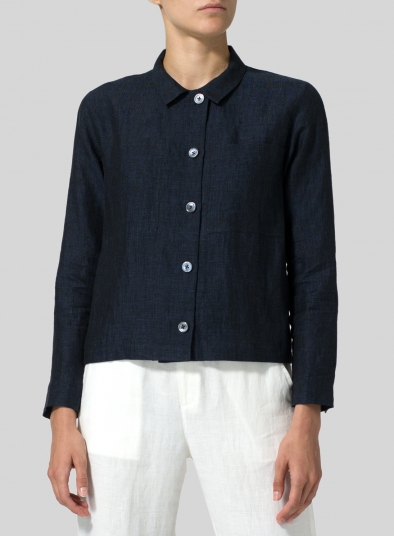 Linen Cropped Shirt Jacket with Pockets