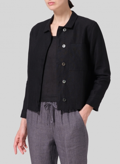 Linen Cropped Shirt Jacket with Pockets