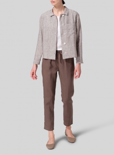 Linen Cropped Shirt Jacket with Pockets