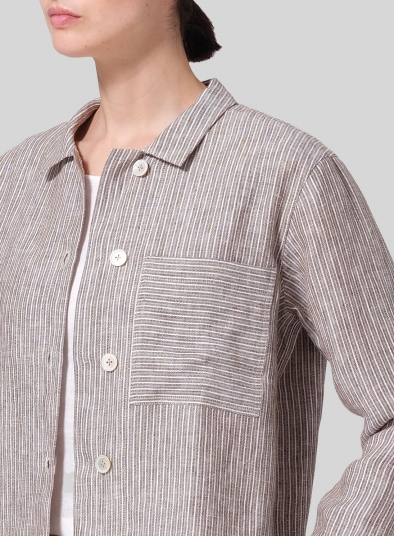 Linen Cropped Shirt Jacket with Pockets