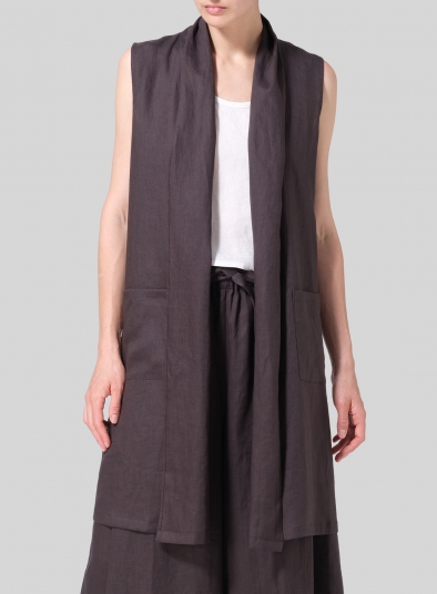 Linen Open-Front Shawl-Collar Vest Jacket