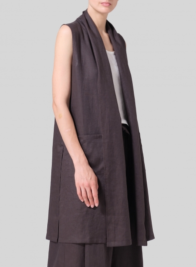 Linen Open-Front Shawl-Collar Vest Jacket