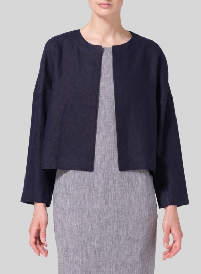 Linen Open-Front Long Sleeve Cropped Jacket
