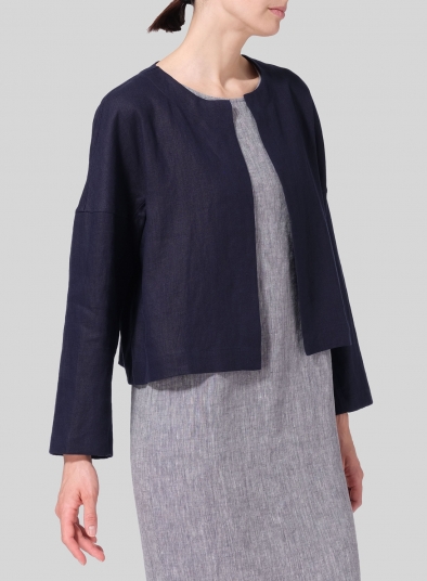 Linen Open-Front Long Sleeve Cropped Jacket