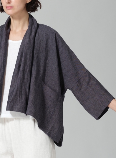 Linen Shawl Collar Open Front Cropped Jacket